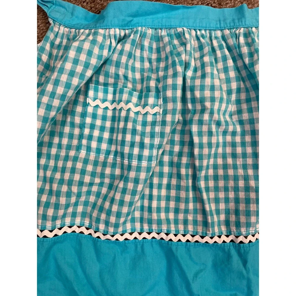 Vintage Blue Gingham Half Apron Rickrack Trim Front Pocket Retro Cottagecore‎